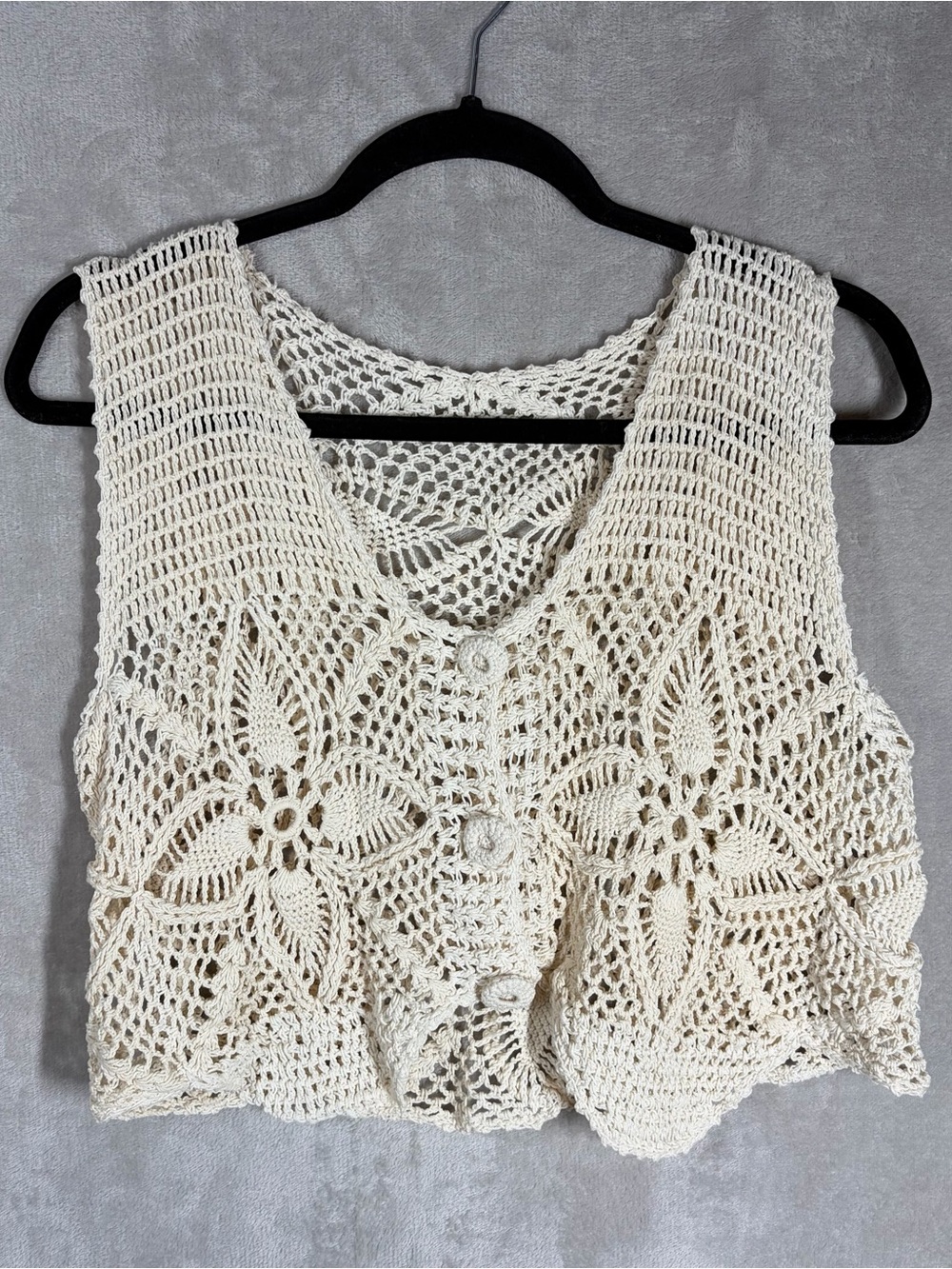 Open Knit Crochet Vest Top Size M Ivory Boho Hippie Festival Coastal